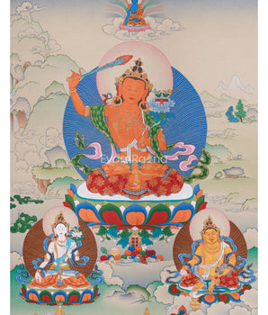 Sacred Manjushri, White Tara, and Dzambhala Thangka | Knowledge, Protection, and Prosperity