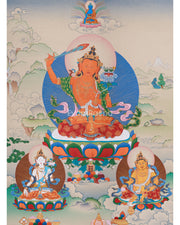 Sacred Manjushri, White Tara, and Dzambhala Thangka | Knowledge, Protection, and Prosperity