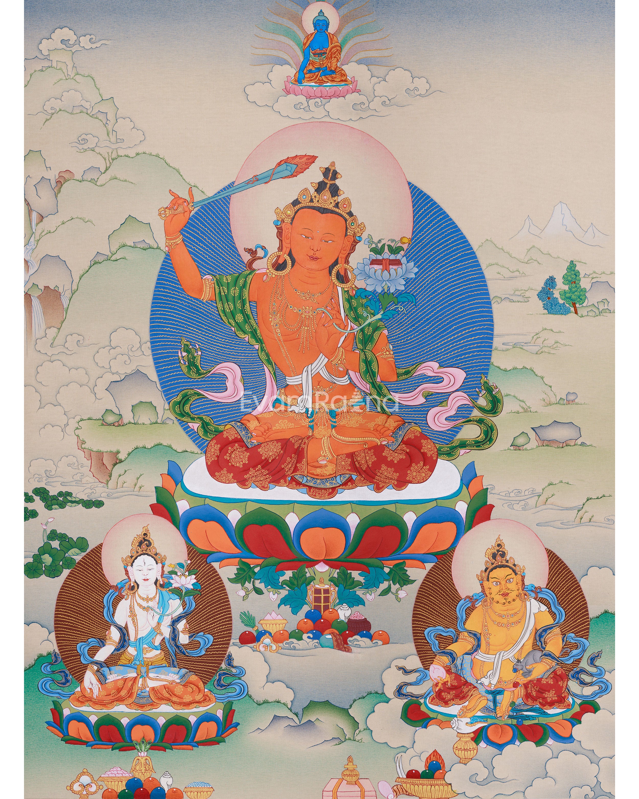 Sacred Manjushri, White Tara, and Dzambhala Thangka | Knowledge, Protection, and Prosperity