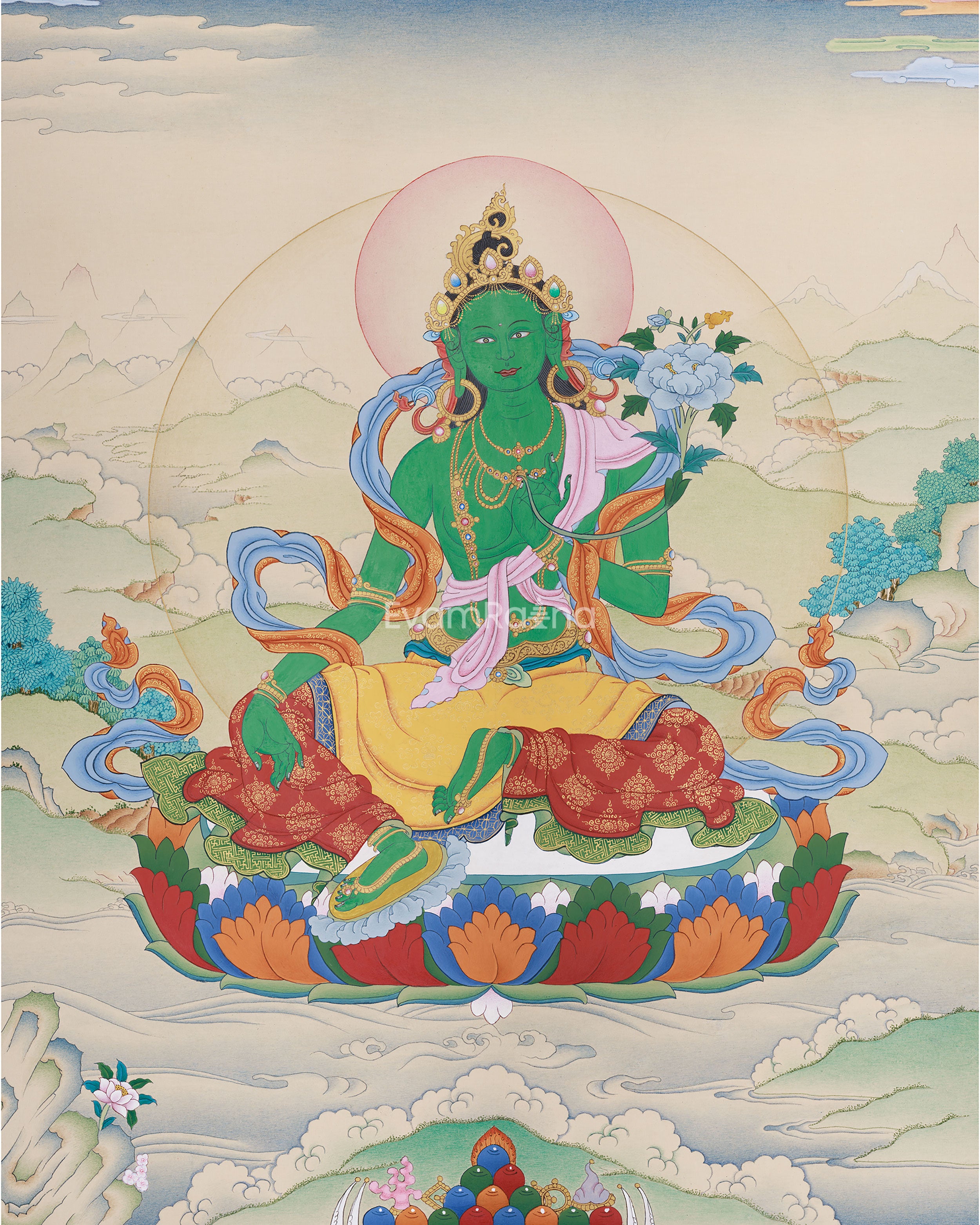 Female Buddha, Green Tara Painting | Compassionate Goddess of Liberation