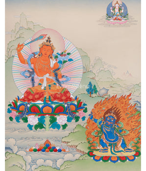 Trio Bodhisattva Thangka: Manjushri, Chenrezig, and Vajrapani | Tibetan Buddhism