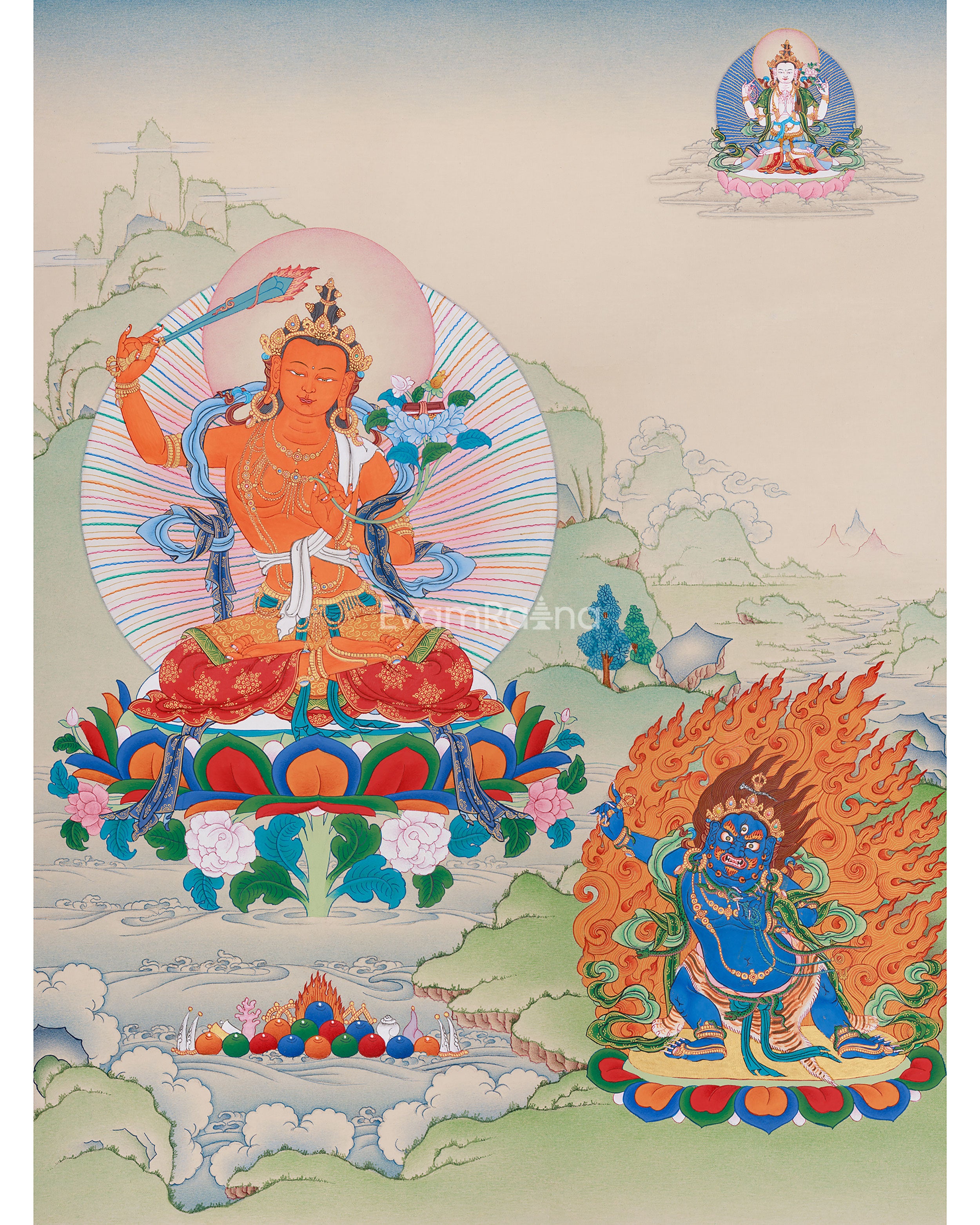 Trio Bodhisattva Thangka: Manjushri, Chenrezig, and Vajrapani | Tibetan Buddhism