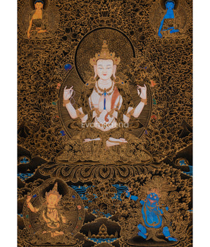 Tibetan Four-Armed Chenrezig Thangka | Compassionate Bodhisattva of Mercy