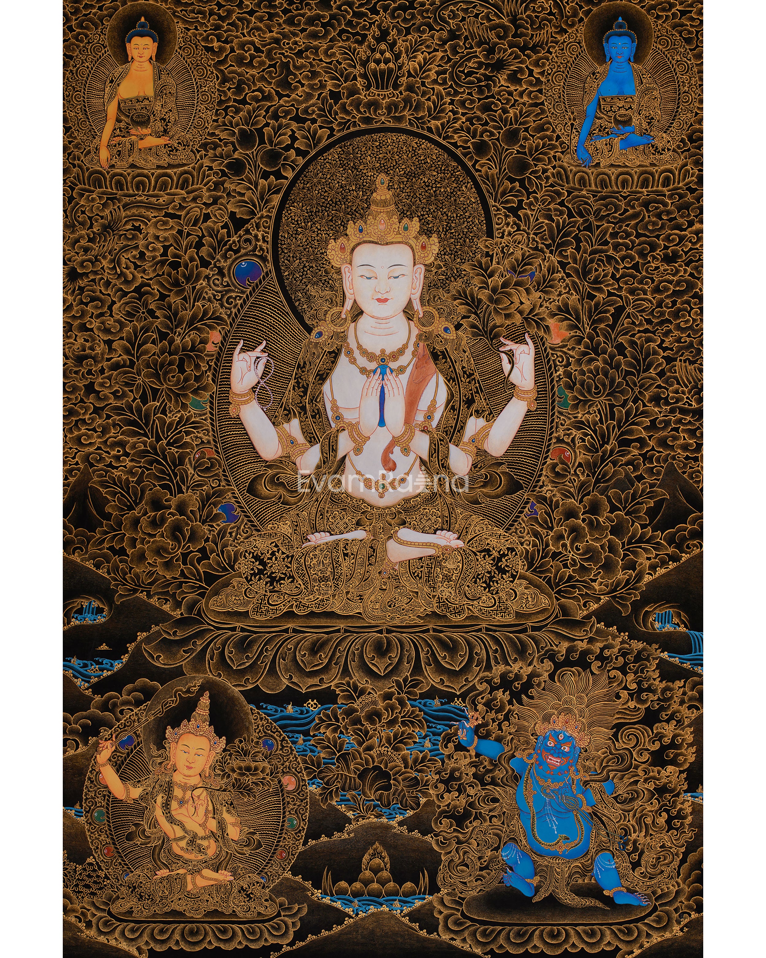 Tibetan Four-Armed Chenrezig Thangka | Compassionate Bodhisattva of Mercy