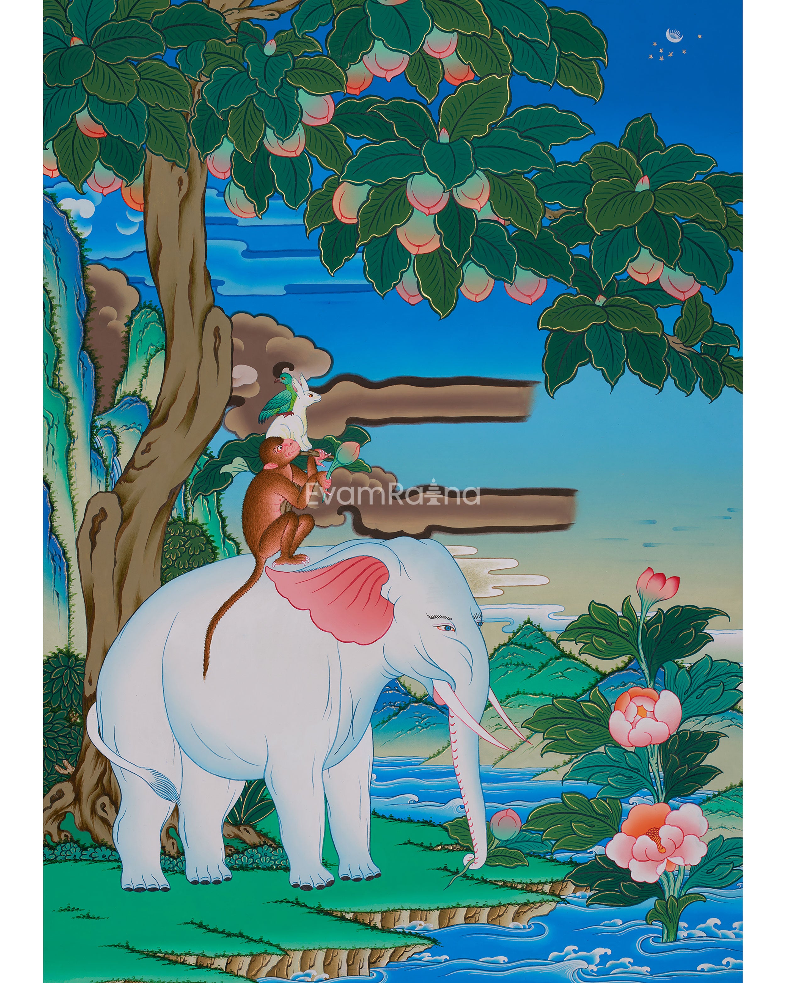 4 Harmonious Friends Painting | Depicting the Four Divine Creatures of Tibetan Buddhism