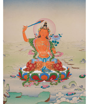 Hand-Painted 24 Inch Manjushri Thangka | Bodhisattva of Profound Knowledge