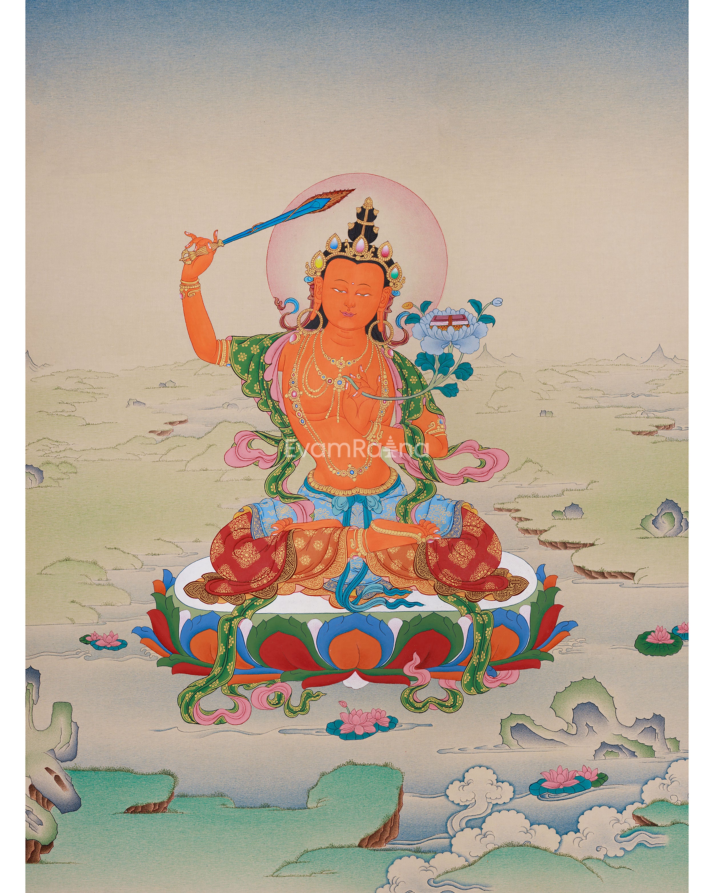 Hand-Painted 24 Inch Manjushri Thangka | Bodhisattva of Profound Knowledge