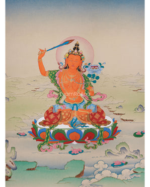 Hand-Painted 24 Inch Manjushri Thangka | Bodhisattva of Profound Knowledge