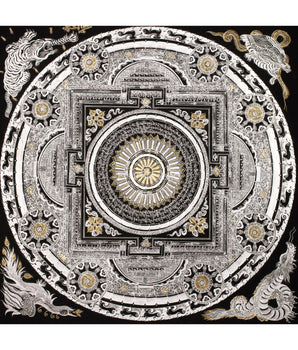 Silver with Gold Mantra Mandala | Four Mythical Creatures | Mandala Painting