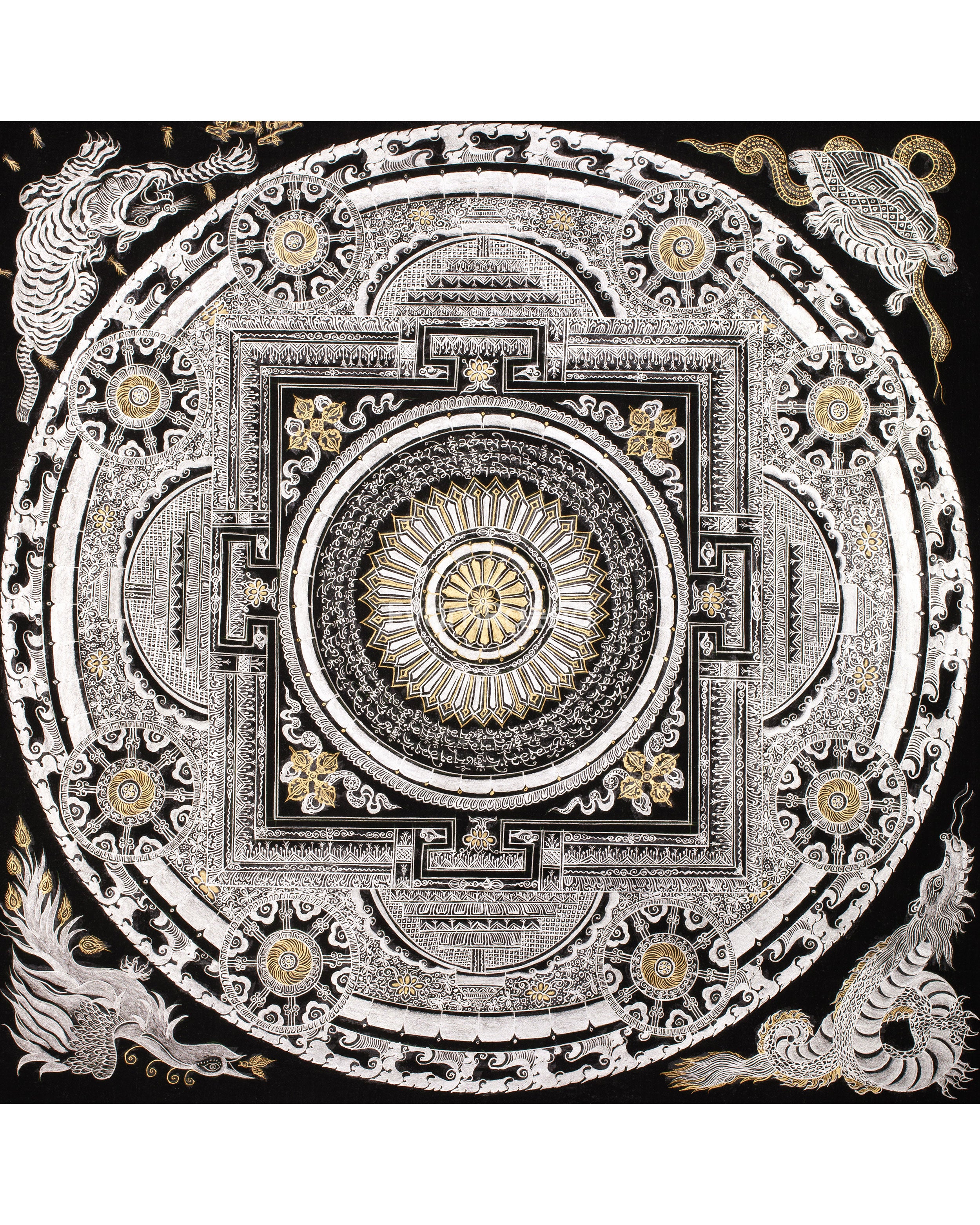 Silver with Gold Mantra Mandala | Four Mythical Creatures | Mandala Painting