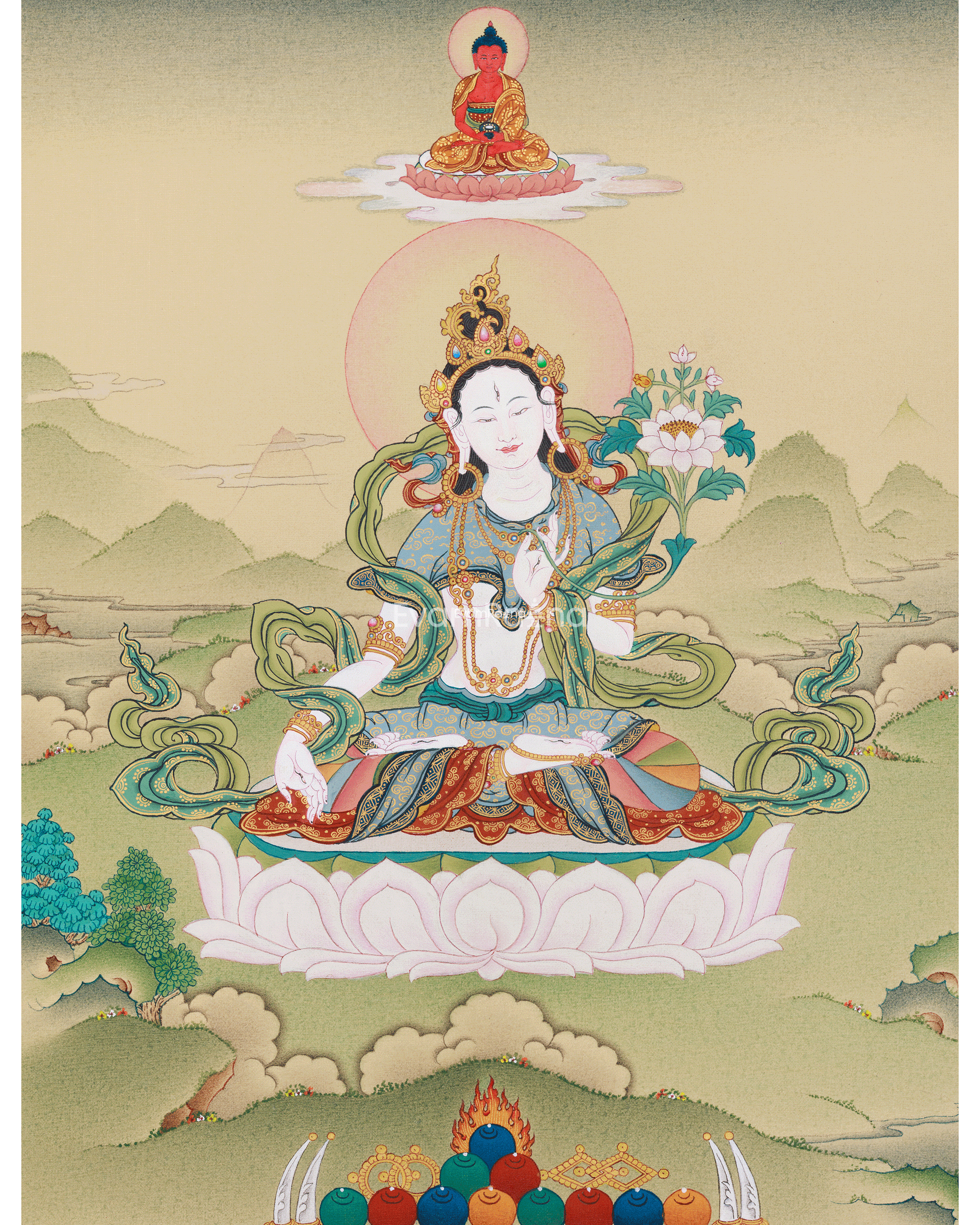 Tibetan Goddess White Tara With Amitabha Buddha