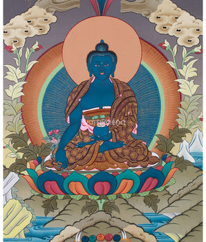 Hand-Painted Thangka of Blue Buddha, Bhaisajyaguru | Tibetan Healing Buddha