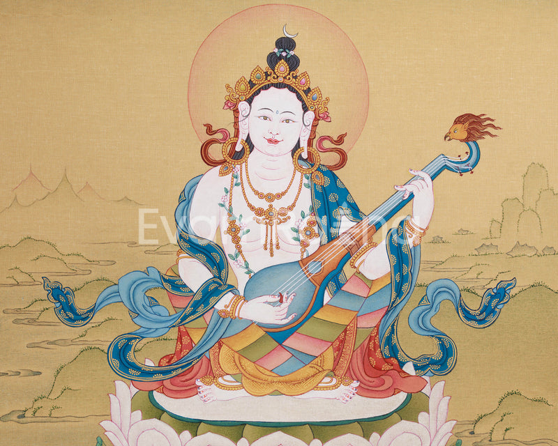 Mother Saraswati Thangka | Sacred Art of Music, Wisdom, and Spiritual Enlightenment