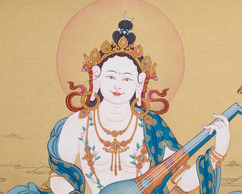 Mother Saraswati Thangka | Sacred Art of Music, Wisdom, and Spiritual Enlightenment