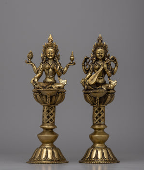 Saraswoti and Laxmi Oil Lamp Set | Traditional Diya Lamps for Pooja
