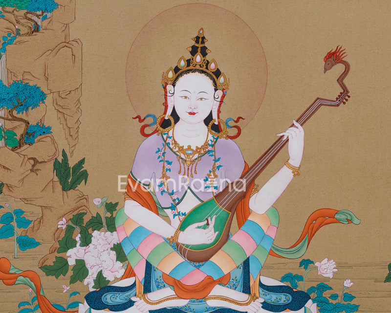 Devi Saraswati Thangka | Hand-Painted Goddess of Wisdom and Arts for Spiritual Inspiration