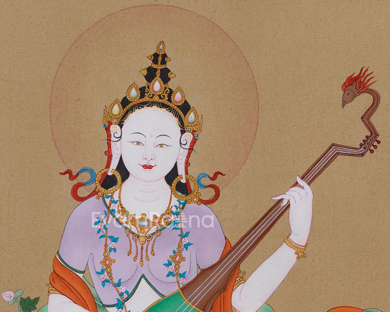 Devi Saraswati Thangka | Hand-Painted Goddess of Wisdom and Arts for Spiritual Inspiration