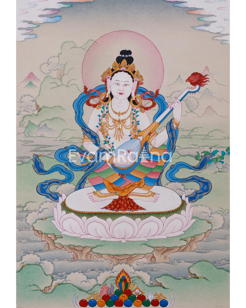 Saraswati Divine Grace Thangka | Hand-painted Goddess Art