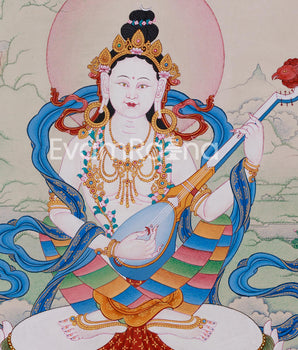 Saraswati Divine Grace Thangka | Hand-painted Goddess Art