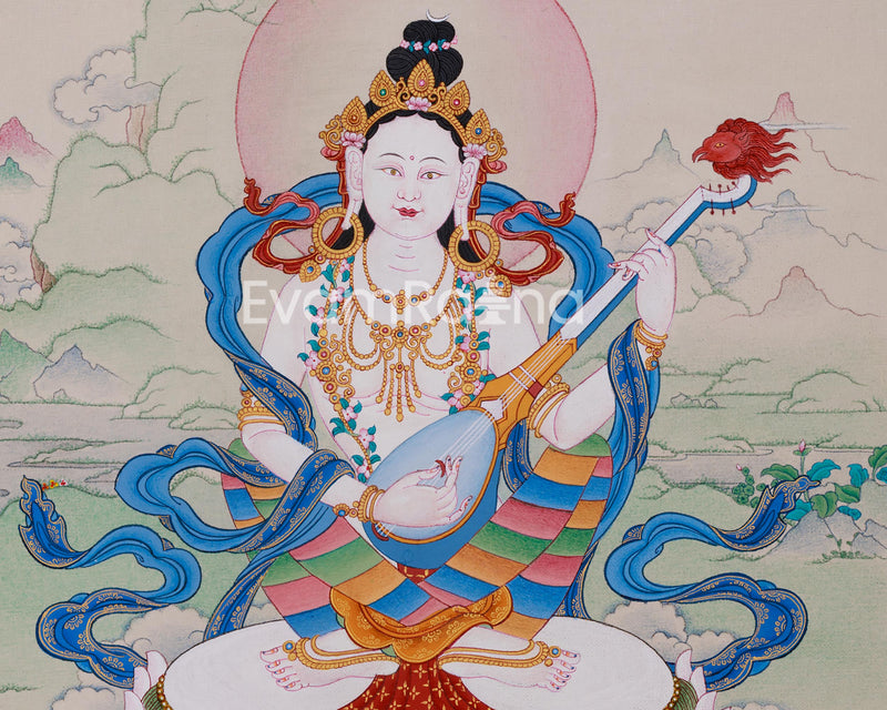 Saraswati Divine Grace Thangka | Hand-painted Goddess Art