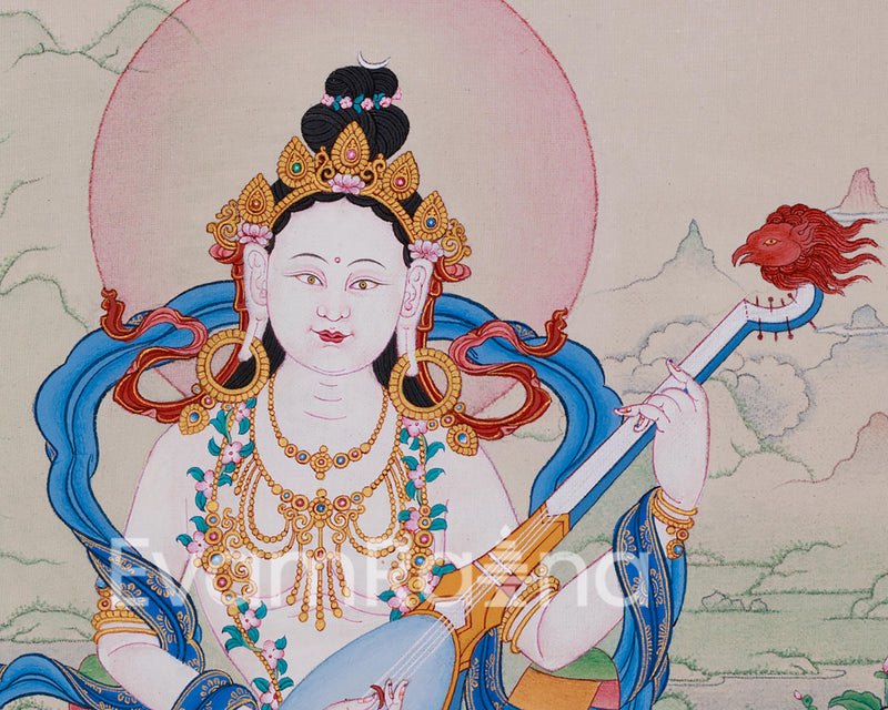 Saraswati Divine Grace Thangka | Hand-painted Goddess Art