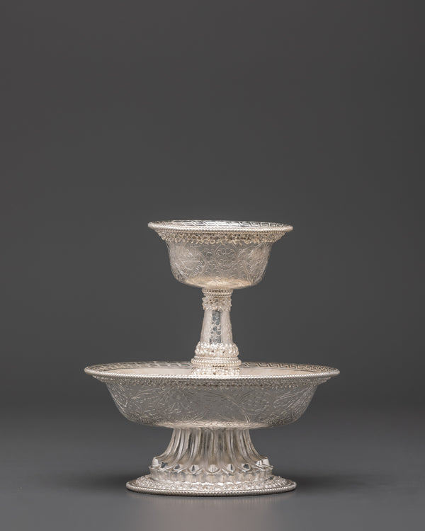 Tibetan Serkyem Cup Set | Silver Ritual Offering Set for Ceremonies