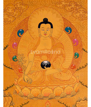 24k Gold Style Original Tibetan Buddhist Painting Of Shakyamuni Buddha, Amitayus Buddha, and Green Tara Thangka