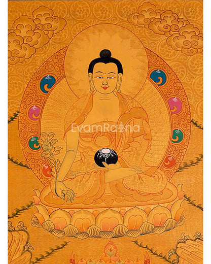 24k Gold Style Original Tibetan Buddhist Painting Of Shakyamuni Buddha, Amitayus Buddha, and Green Tara Thangka