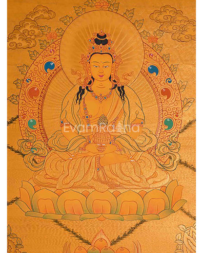 24k Gold Style Original Tibetan Buddhist Painting Of Shakyamuni Buddha, Amitayus Buddha, and Green Tara Thangka