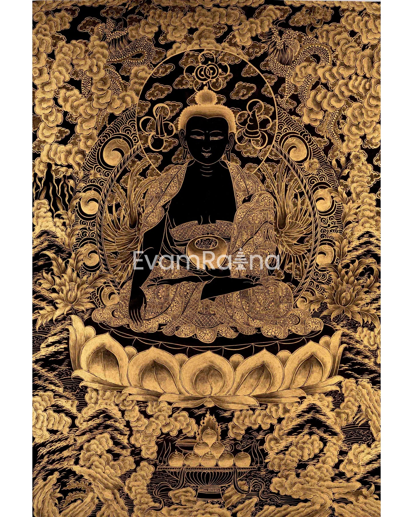 Black and Gold Shakyamuni Buddha & Bodhisattvas Thangka | Wall Decor Gifts