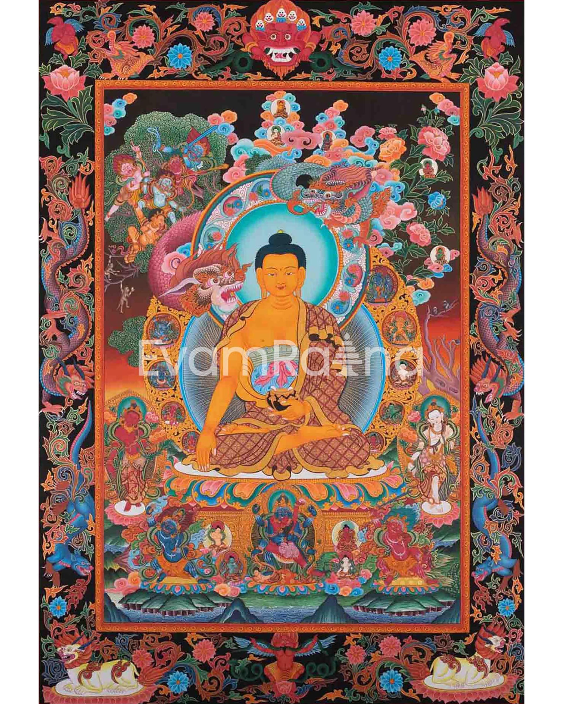 Shakyamuni Buddha Thangka With Dragon Border