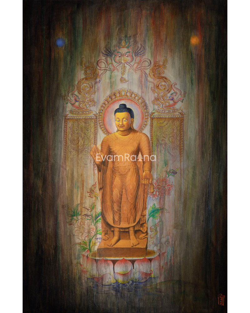 Graceful Shakyamuni Buddha Standing Thangka Print | Traditional Artwork for Decor