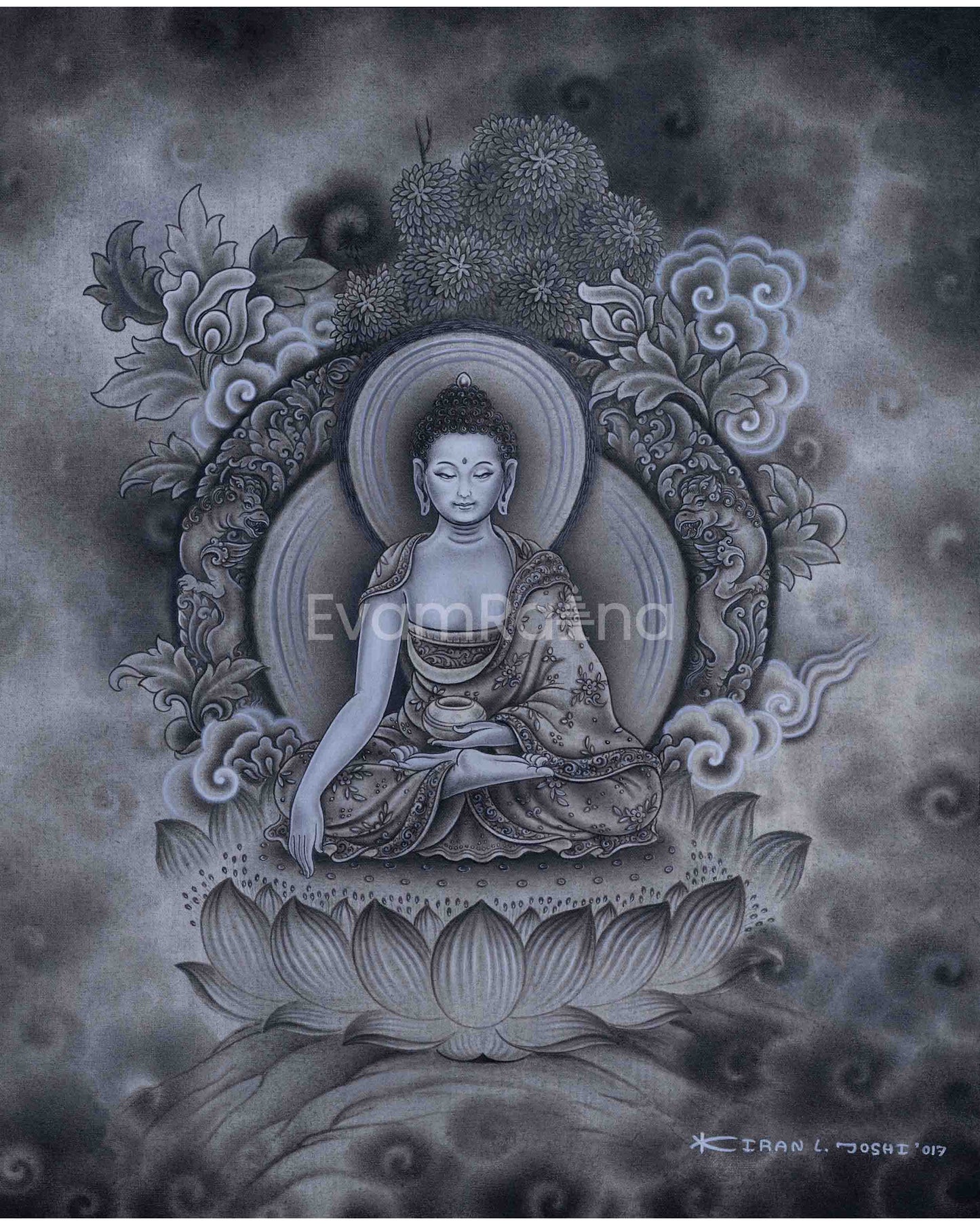 Traditional Siddhartha Gautama Drawing On Canvas | Nepali Pauba Painting Print Of Historical Buddha