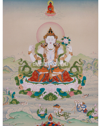 Sacred Thangka Of Four-Armed Chenrezig 