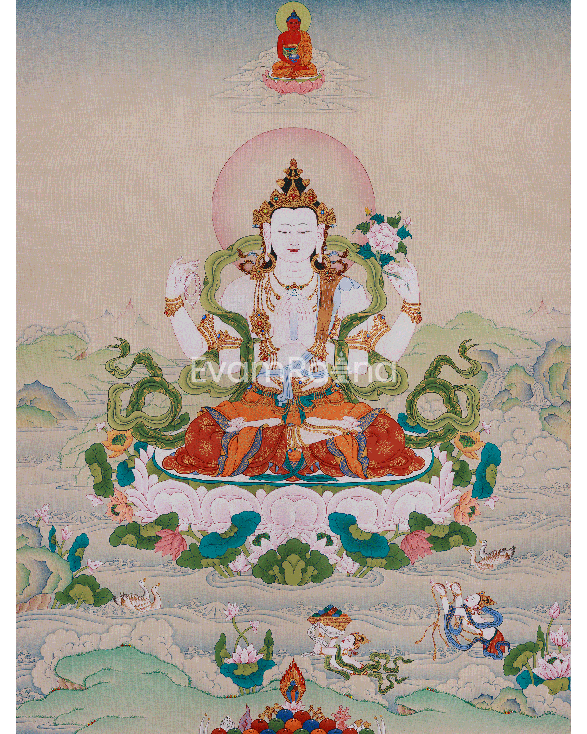 Sacred Thangka Of Four-Armed Chenrezig 
