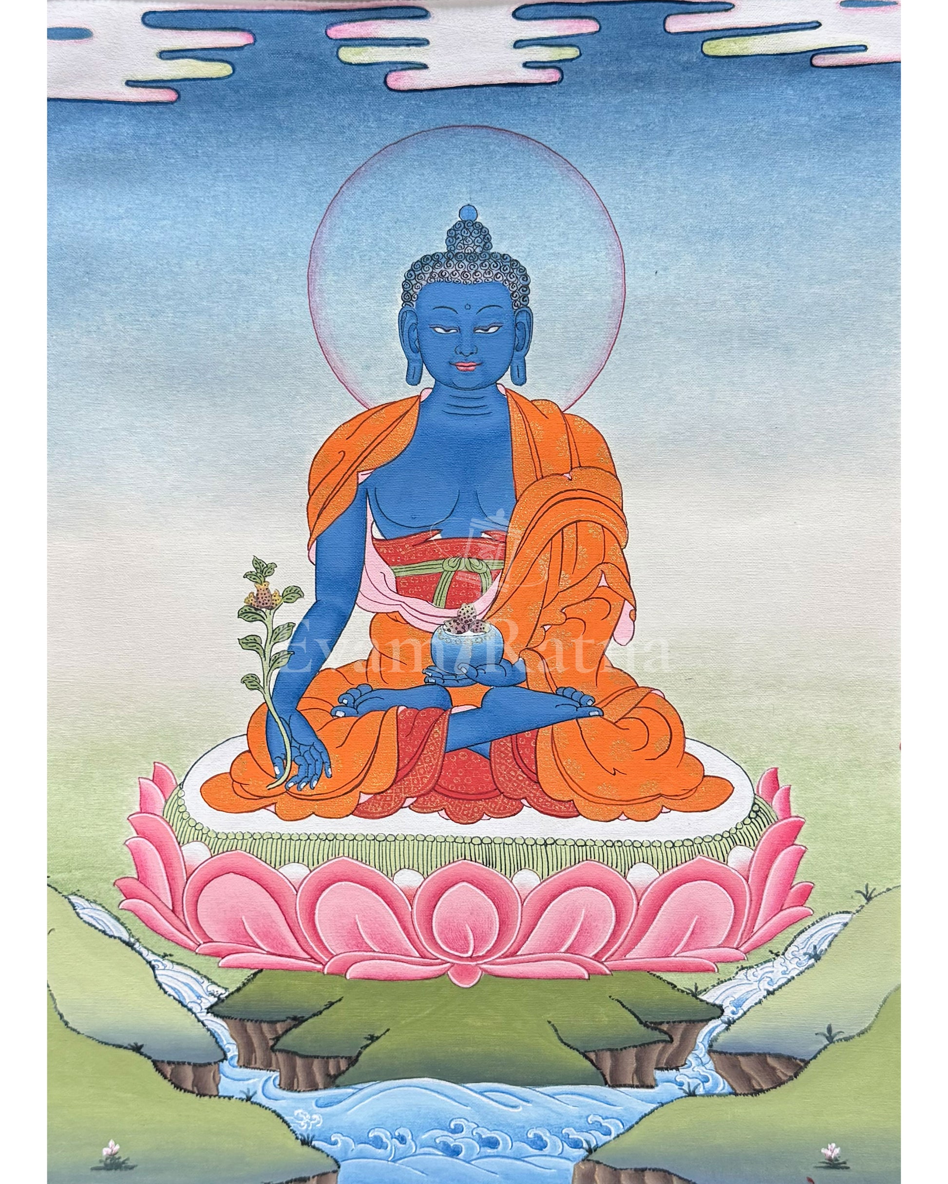 Medicine Buddha Meditation Thangka With Brocade 