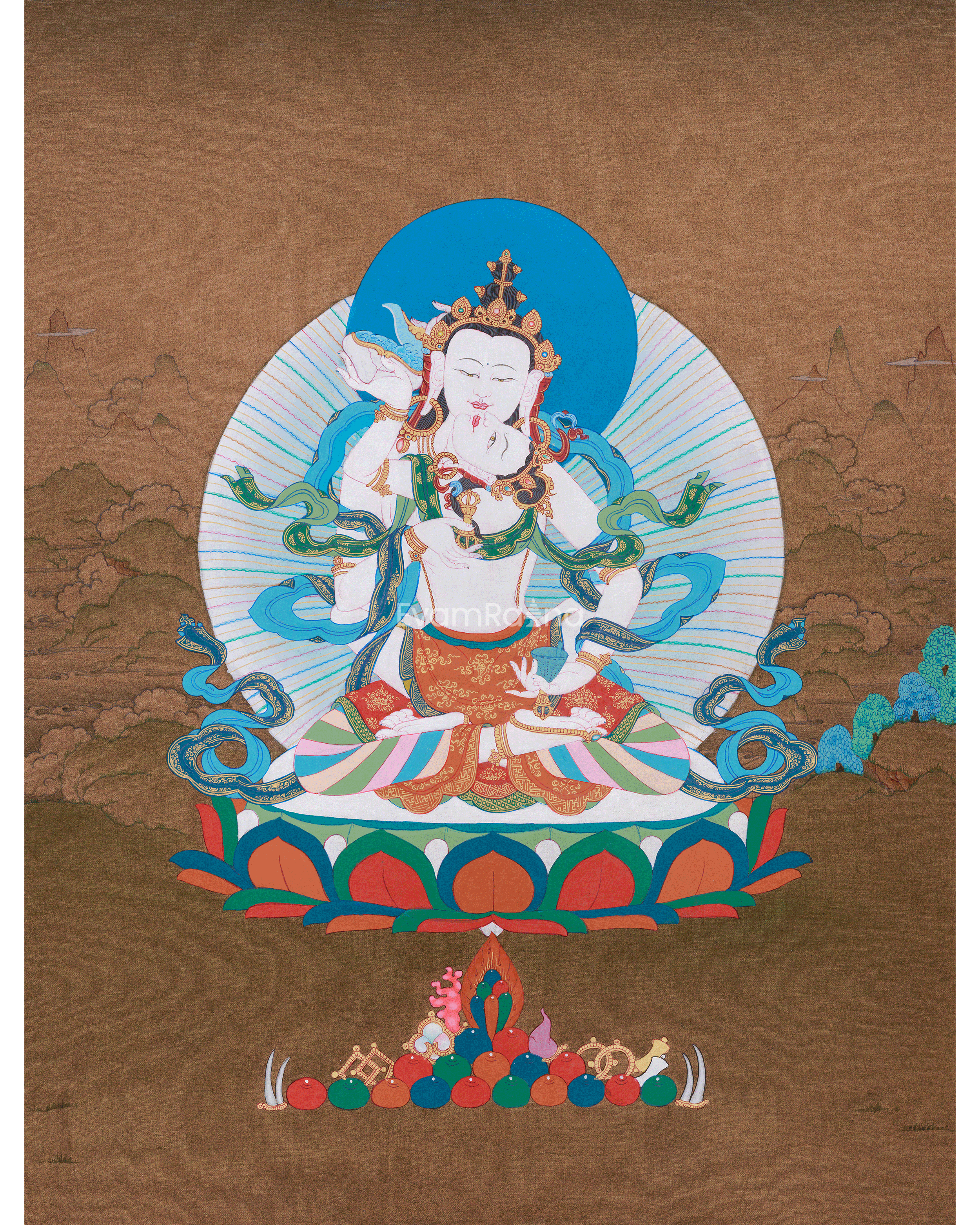 Traditional Thangka of Vajrasattva with His Consort