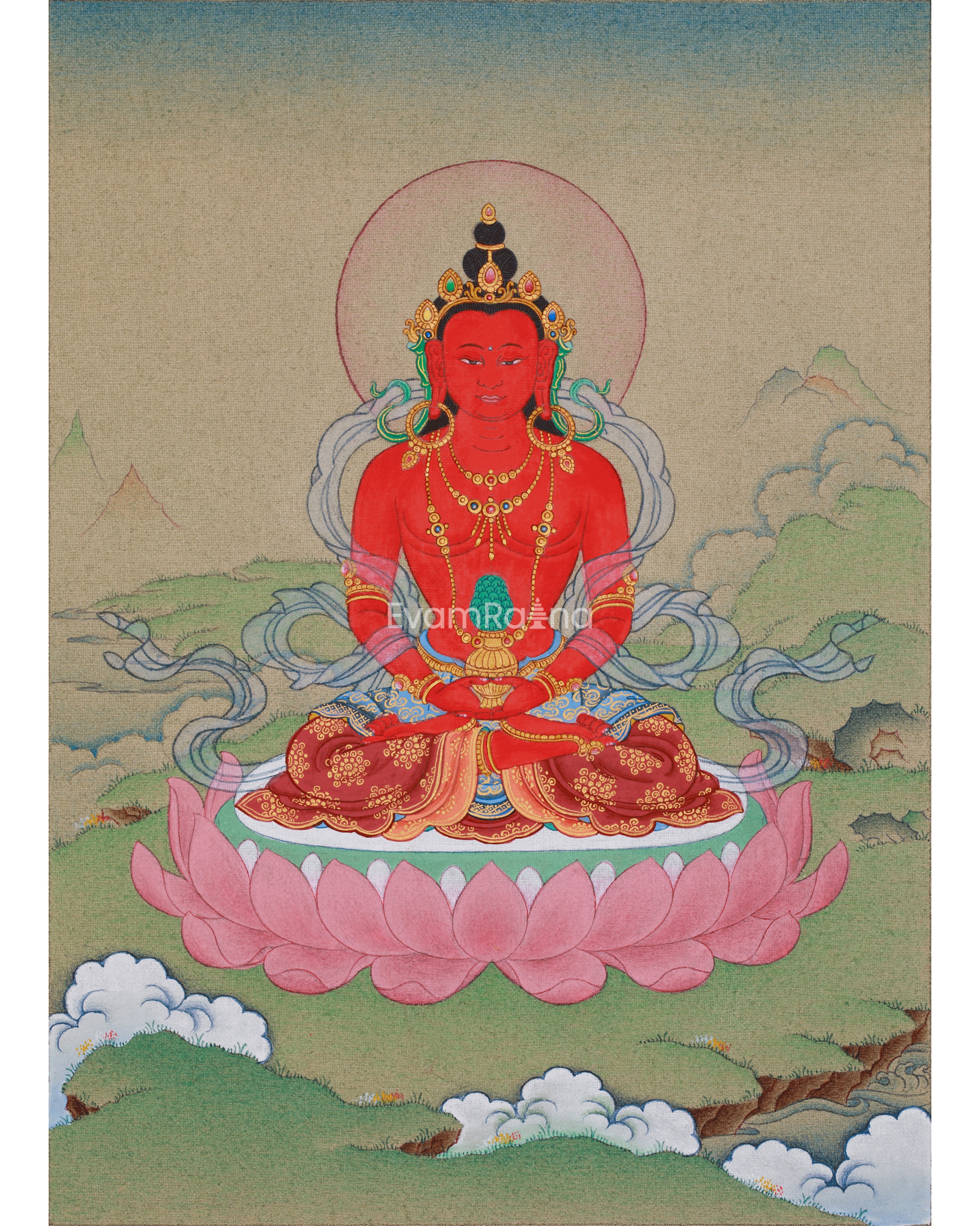 Compact Thangka of Amitayus Buddha | Red Buddha of Longevity