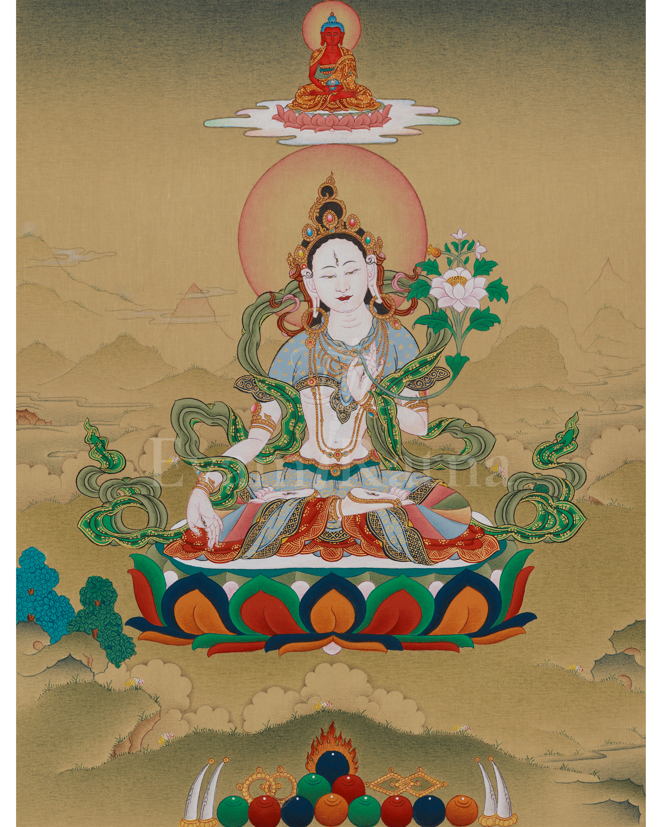 White Tara With Amitabha Buddha Art | Female Bodhisattva And Buddha in Tibetan Buddhism