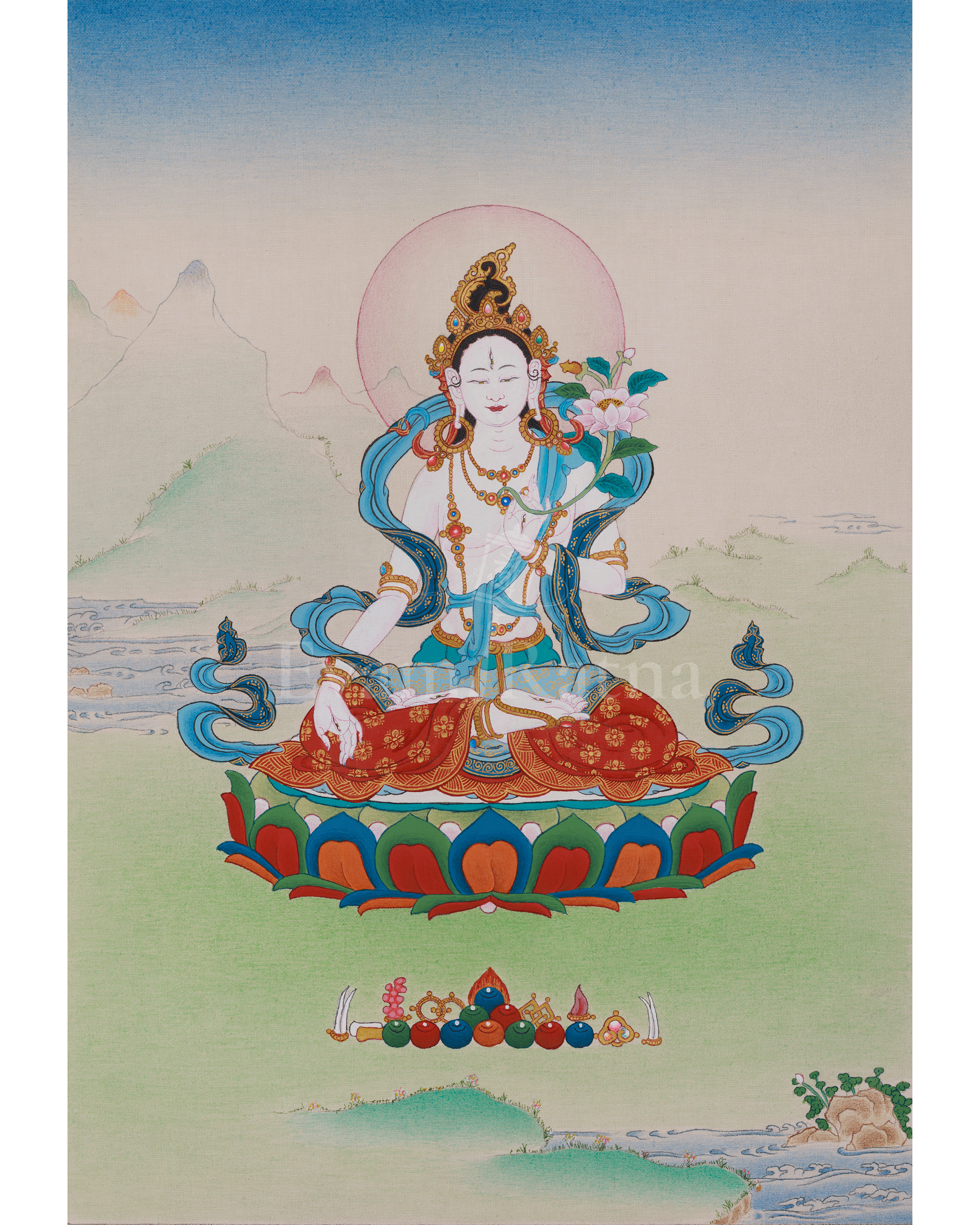 Revered Female Buddha White Tara Thangka | Healing and Longevity Deity