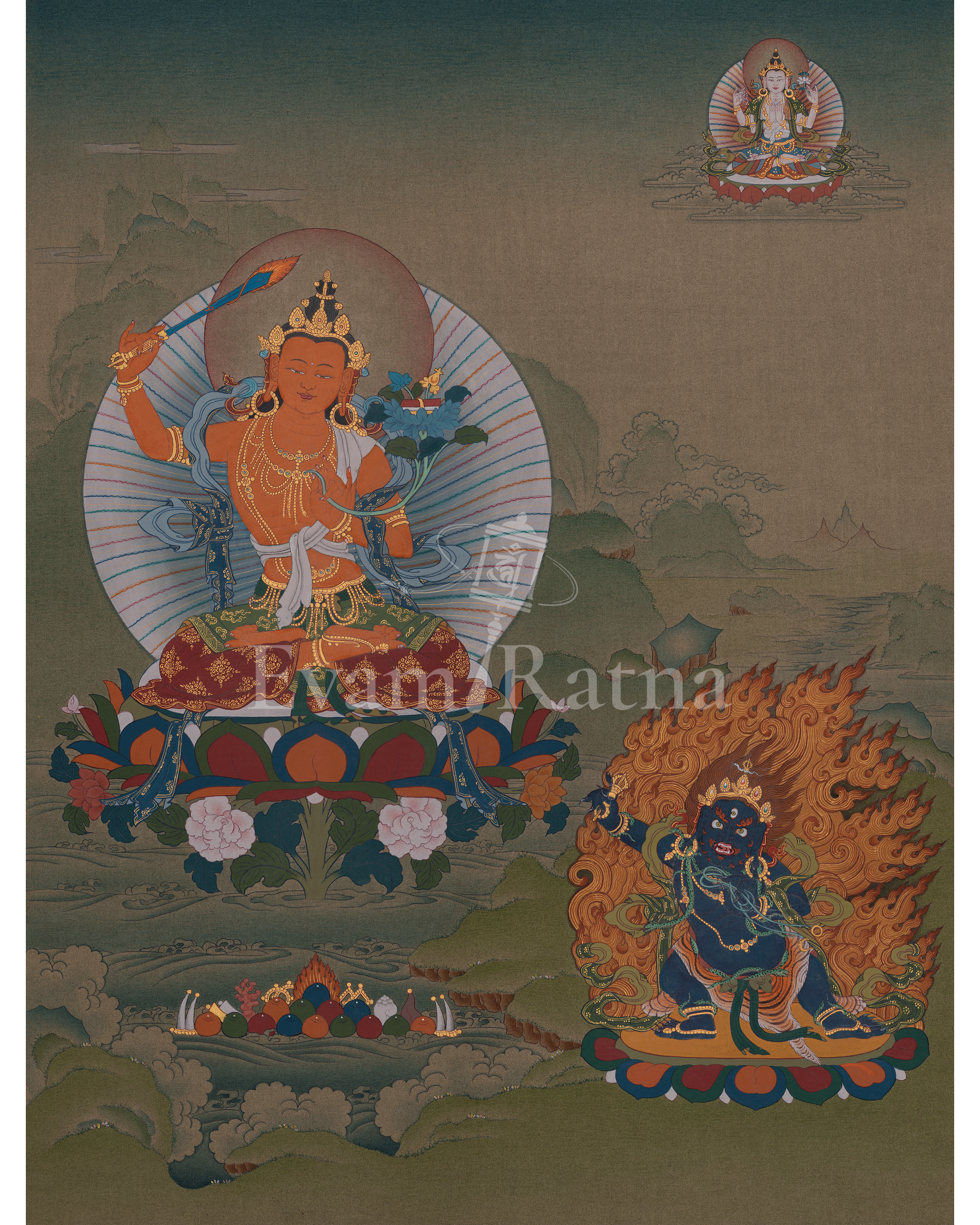 Manjushri With Chenrezig And Vajrapani Art | Wisdom, Compassion, And Power