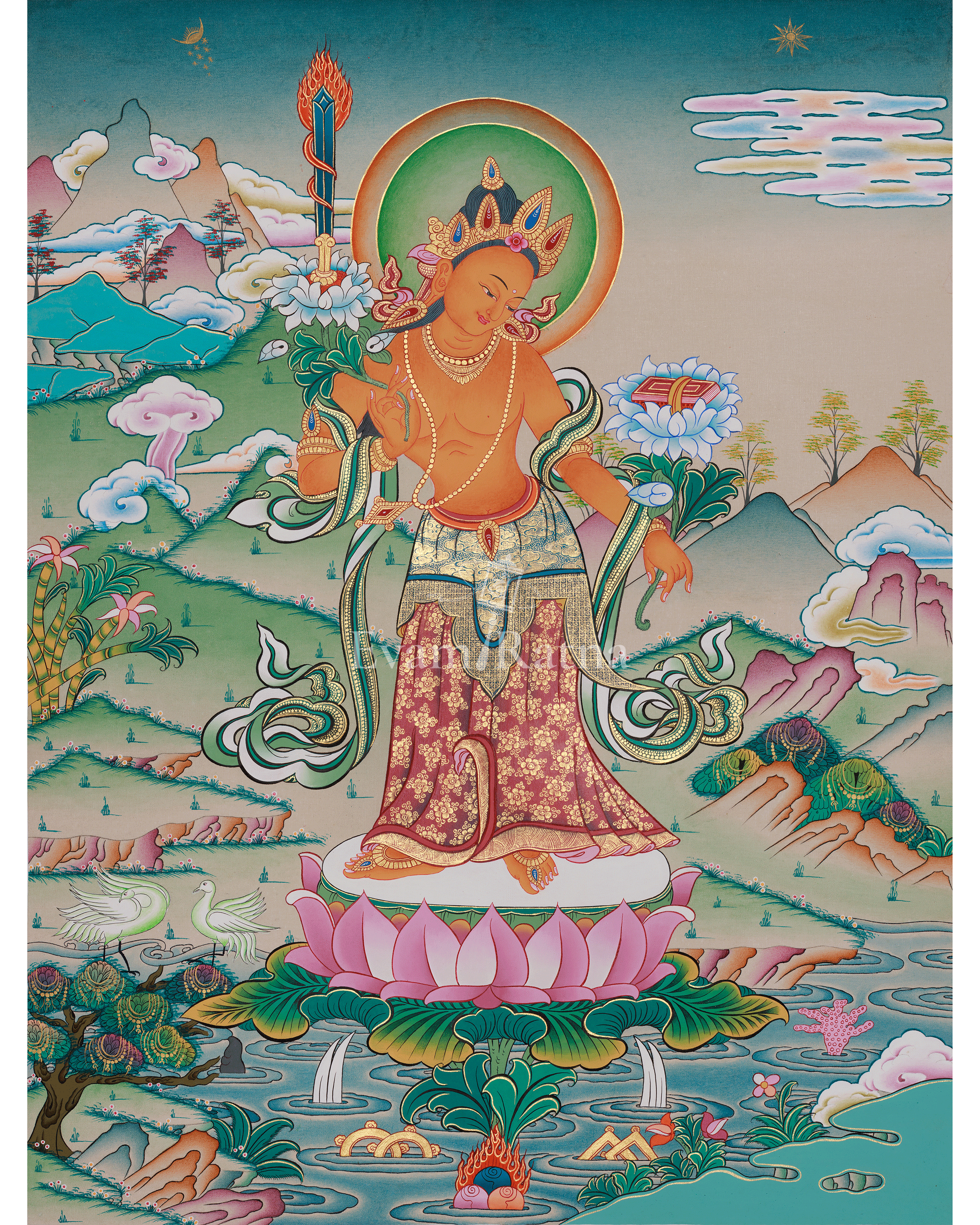 Standing Manjushri Thangka | Sacred Himalayan Wisdom Deity