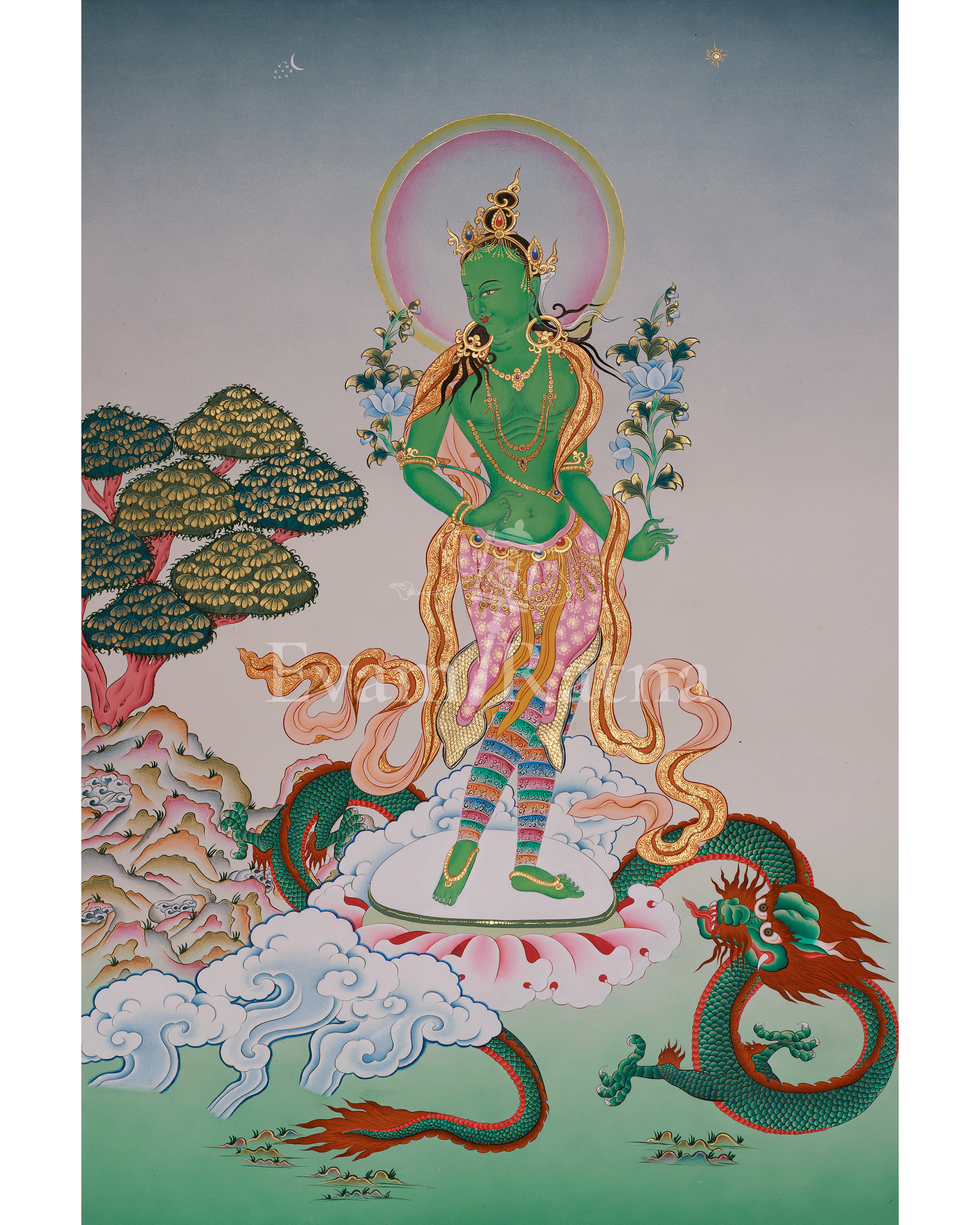 Compassionate Deity Standing Green Tara Thangka | Swift Protection | Shyama Tara