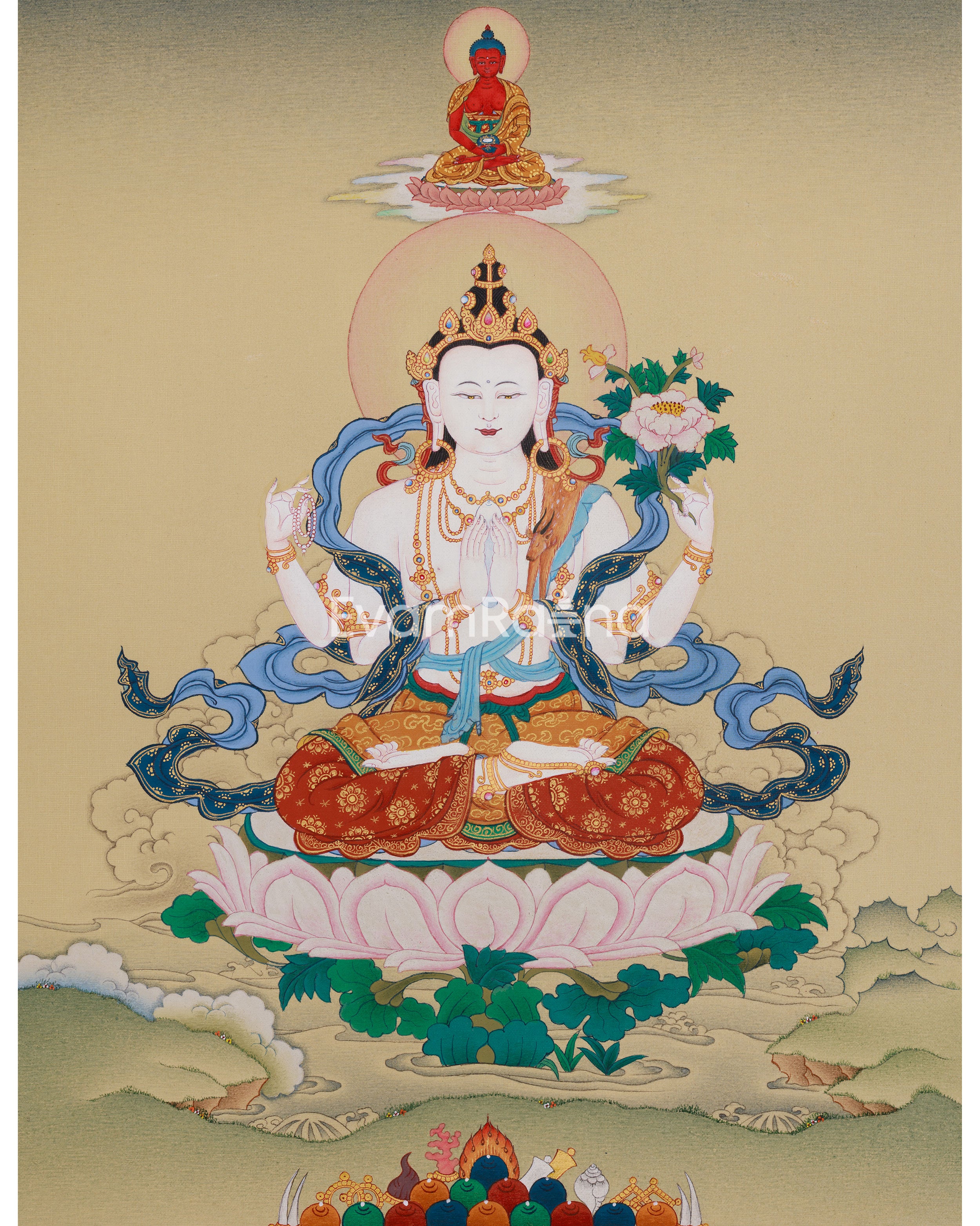 Traditional Thangka of Chenrezig with Amitabha Buddha