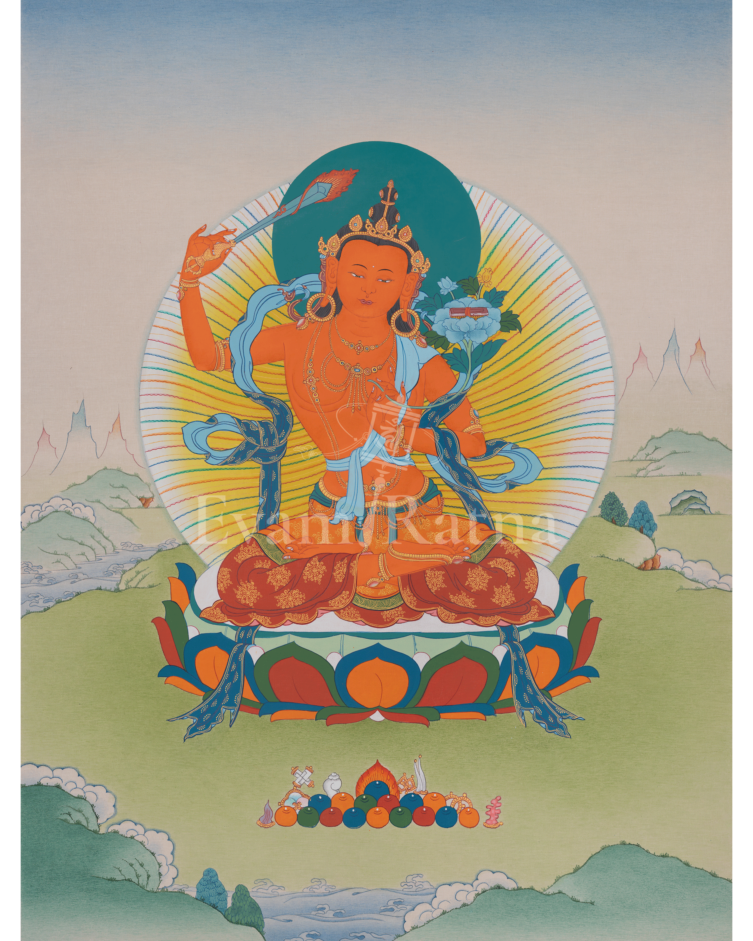 Manjushri Wisdom Deity Artwork | Tibetan Thangka of Enlightened Knowledge