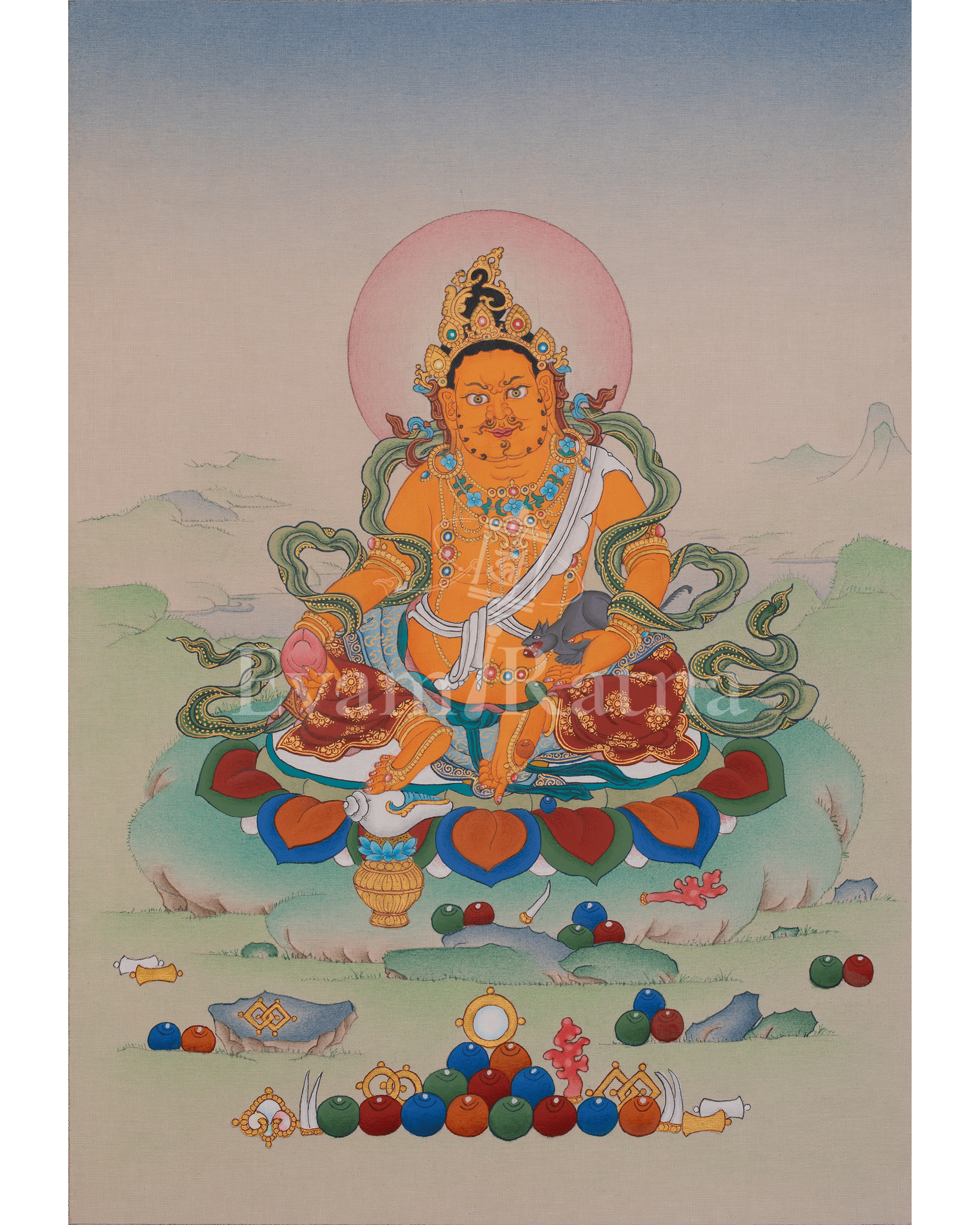 Dzambhala Prosperity Buddhist Art | Tibetan Thangka of Wealth and Abundance