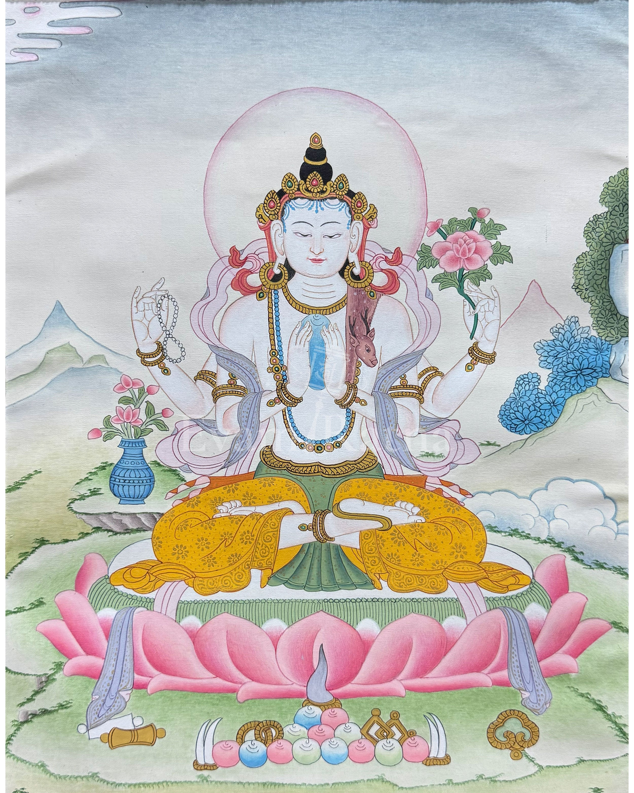Chenrezig Thangka With Brocade 
