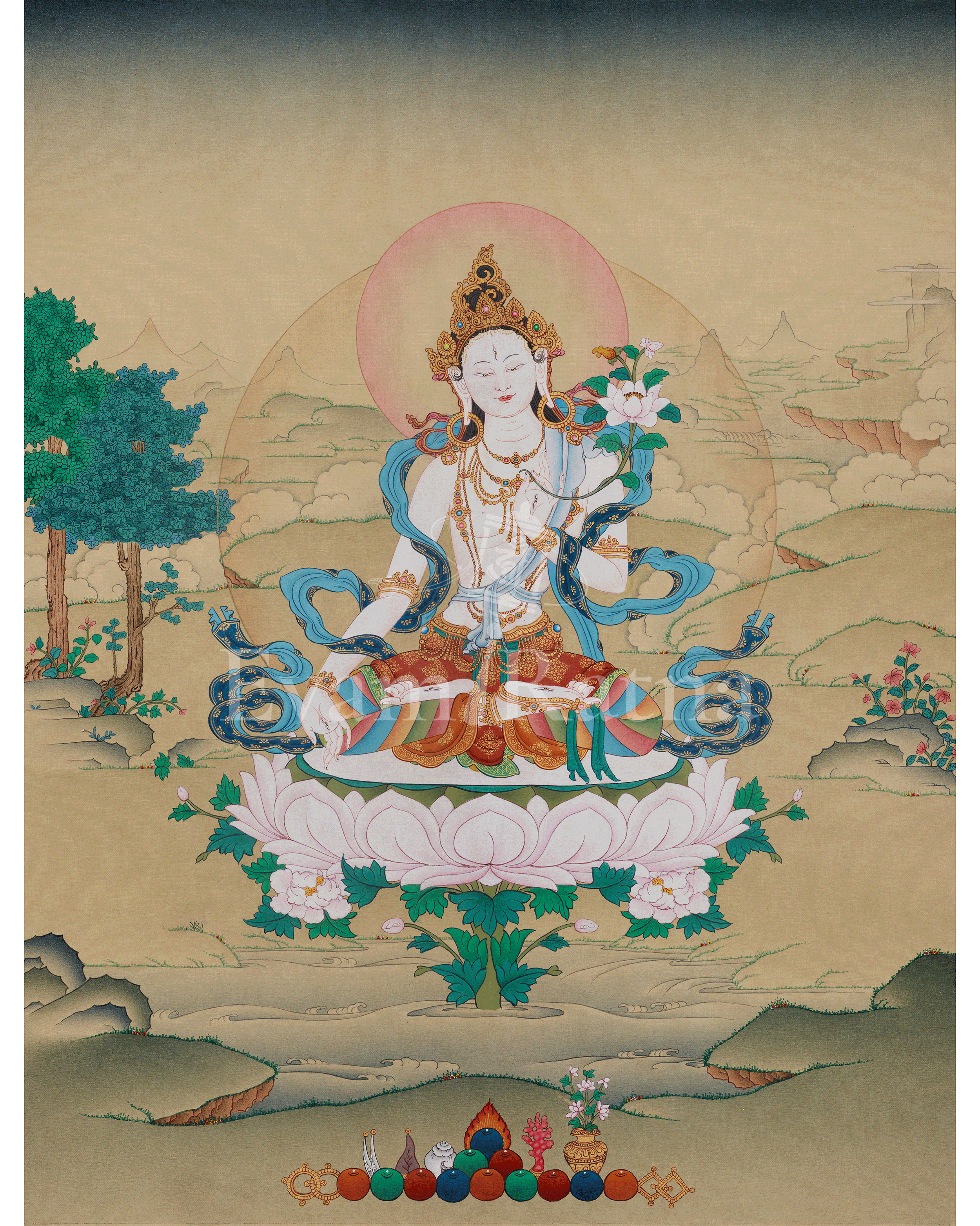 White Tara Healing Buddhist Art | Sacred Thangka of Compassion and Longevity