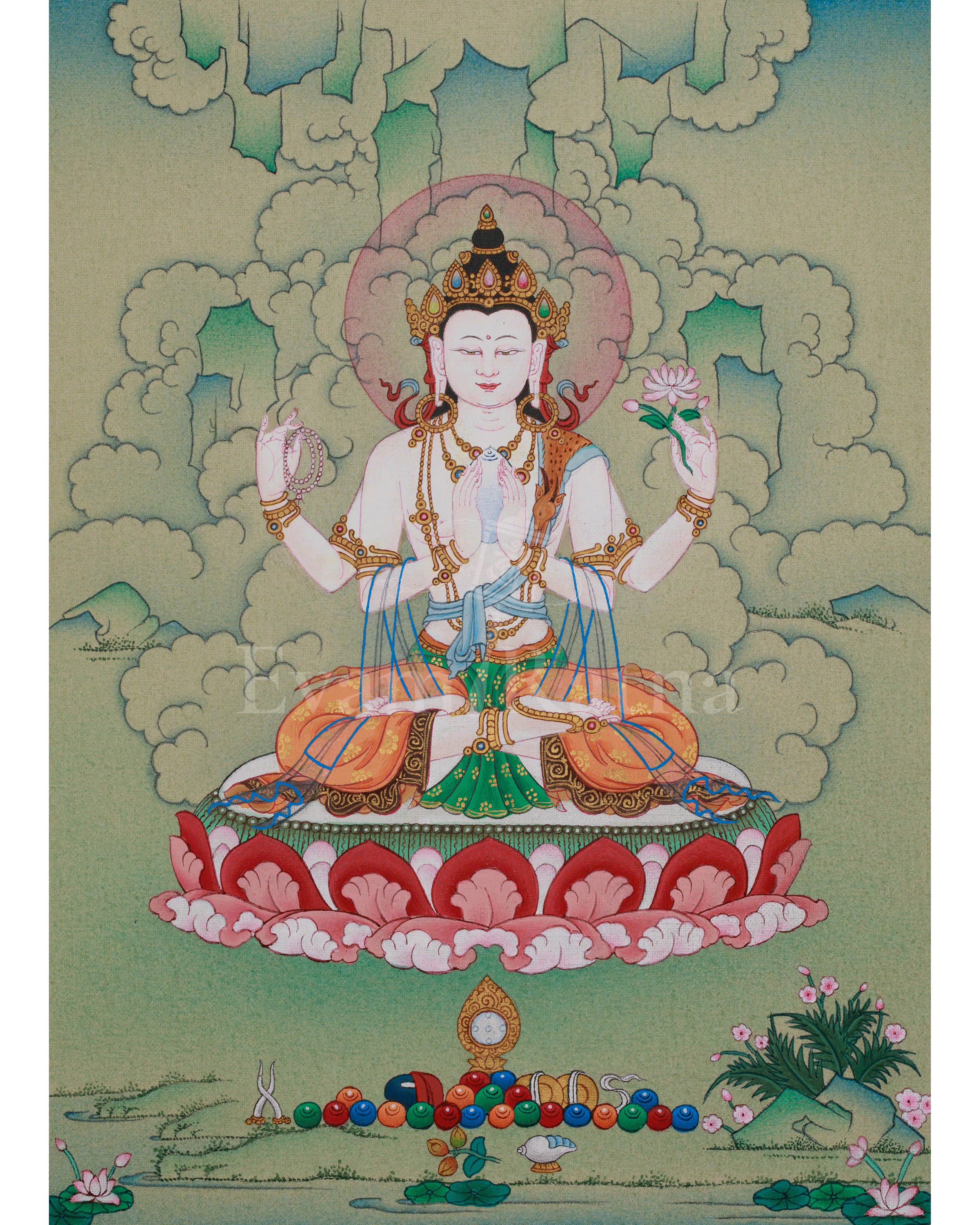 Chenrezig Buddhist Art | Sacred Compassion Buddha | Avalokiteshvara Thangka