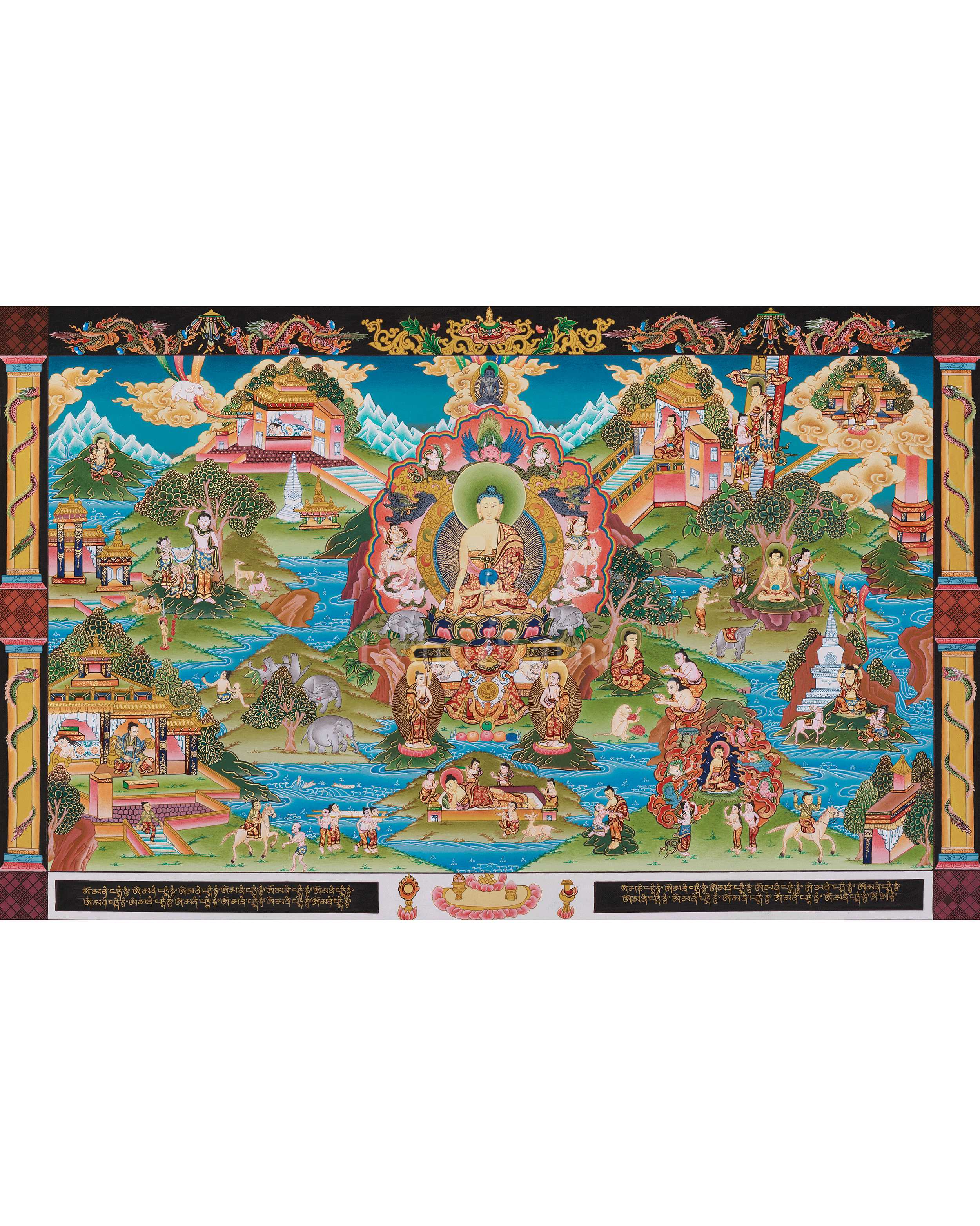 Horizontal Buddha Life Story Thangka | A Sacred Thangka of Awakening